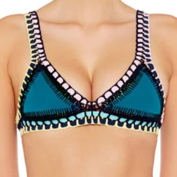 Kiini Flor Bikini Teal Crochet Trim Top Size L - Picture 1 of 5
